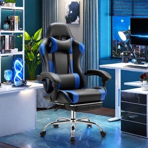 FURNIinspire Task And Office Chairs PU Leather Computer Chair With Footrest And Lumbar Support, Ideal Choice For Office, Black And Blue, 28"*28"*52" - 1 of 4
