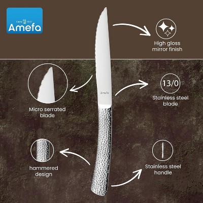 Amefa Bongo Steak Knives, Set of 6, Premium Hardened Stainless Steel, Hammered Ergonomic Handle Design, Micro Serrated Edge 4 Inch Blade Steak Knife
