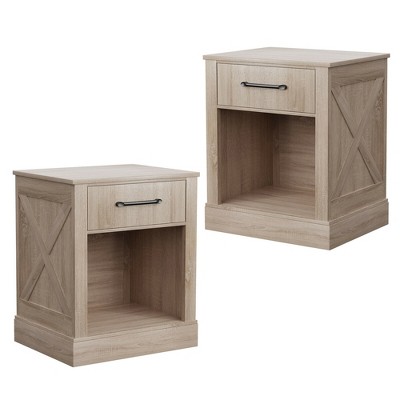 Costway 2PCS Nightstand with Drawer and Shelf Rustic Wooden Bedside Table Bedroom Brown / Natural / Black