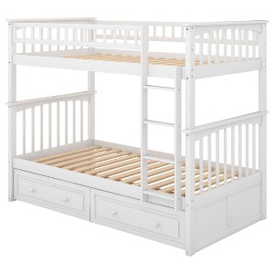 Okak Twin over Twin Solid Wood Bunk Bed Loft Bunk Bed with 2 Drawers Ladder & Safety Guardrail for Teens Adults, Convertible into 2 Beds, White - 1 of 4