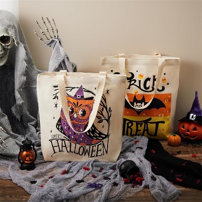 Joyfy 3PCS Halloween Goodie Candy Bags for Trick or Treating, 13.75” Reusable White Canvas Gift Snack Tote Bag with Handles Party Favor Supplies