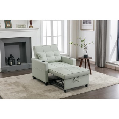 34.26"W Faux Leather/Linen/Tech Cloth Upholstered Convertible Pull Out Sleeper Sofa Bed with USB Ports, Cup Holders and Side Pockets, 4L -ModernLuxe