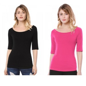 Allegra K Women's Half Sleeves Scoop Neck Fitted Layering Soft T-Shirt 2 Packs - 1 of 4