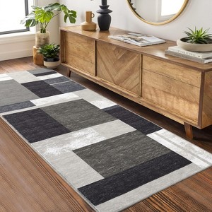 Non-Slip Washable Rugs, Low Pile Ultra-Thin Geometric Rug, Contemporary Boxes Print Color-Blocked Soft Carpet for Living Room Bedroom Home Office - 1 of 4