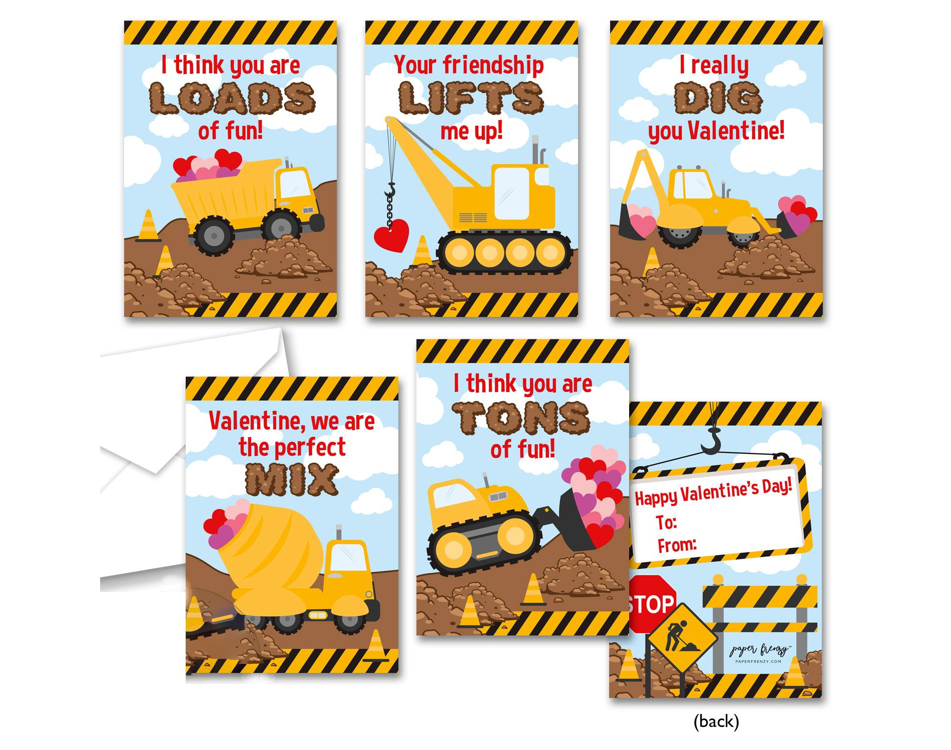 Paper Frenzy Construction Themed Valentine Cards  WITH ENVELOPES - 25 Pack