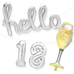 Sparkle and Bash 18th Birthday Party Decorations with "Hello 18" & Champagne Glass Foil Balloons, Silver - 1 of 4