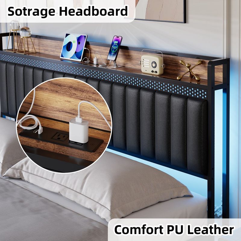 Upholstered Bed Frame with Charging Station and LED Lights, 4 of 10