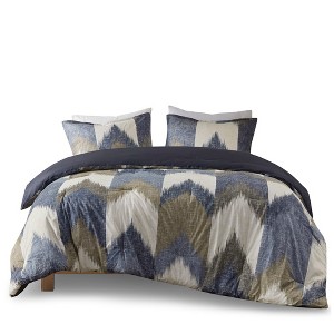 Gulches Series Navy Blue Modern Elegant Ikat Chevron Print 200TC Cotton with Polyester Filling King Cal King 3 Piece Comforter Mini Set Blanket - 1 of 4