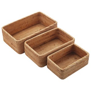 Aoibox Natural Rattan Fruit Storage Baskets, Rectangular Woven Wicker Box Set of 3 for Keys, Remotes, Stackable Home Decor - 1 of 4