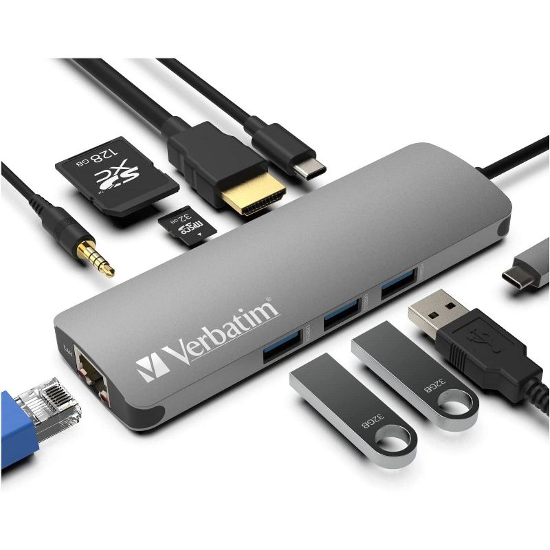 Verbatim 9-in-1 USB C Hub Adapter with 4K HDMI, 100W Power Delivery, USB 3.0, SD Card Readers, Gigabit LAN, 3.5mm Port for USB C Laptops, 1 of 10