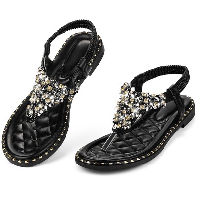 Perphy Women's Rhinestone Elastic T-Strap Dressy Slip Flat Bohemian Flip Flop Sandals