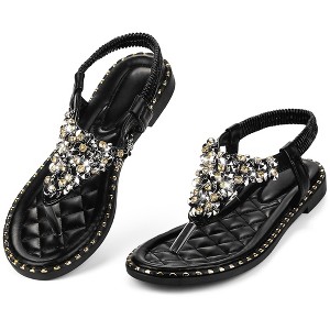 Perphy Women's Rhinestone Elastic T-Strap Dressy Slip Flat Bohemian Flip Flop Sandals - 1 of 4