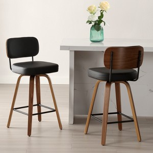 Bekrvio 26"/29" Mid-Century Modern Swivel Bar Stools Set of 1/2/3/4- Faux Leather Upholstered with Back and Bent Wood Legs,Ideal for Kitchen Island - 1 of 4