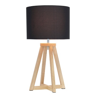Natural Wood Tripod Nightstand Lamp with Black Barrel Shade