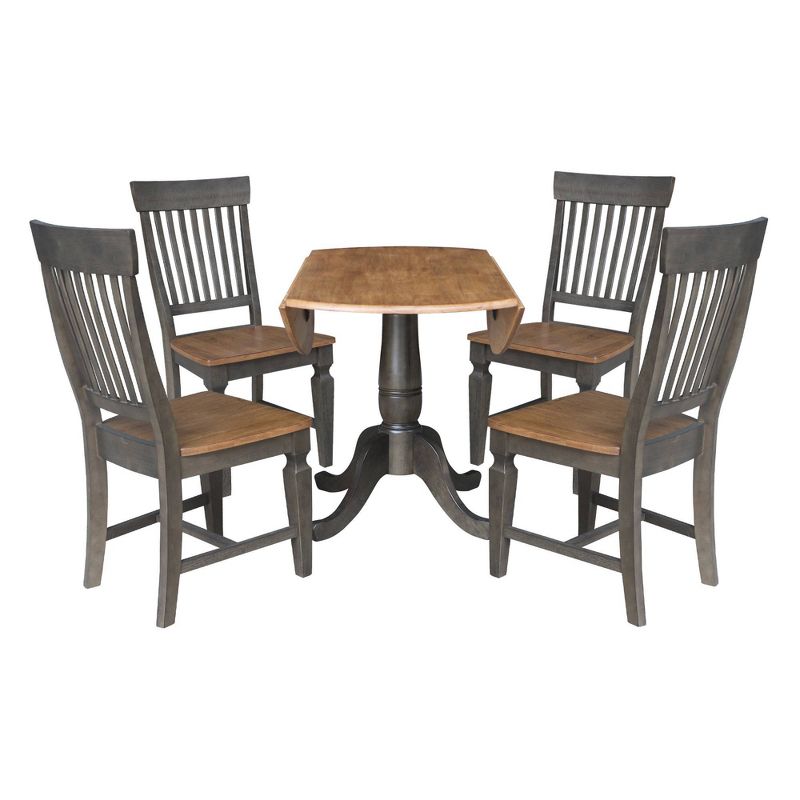 5pc 42&#34; Round Dual Drop Leaf Dining Table with 4 Slat Back Chairs Hickory/Washed Coal - International Concepts, 4 of 11