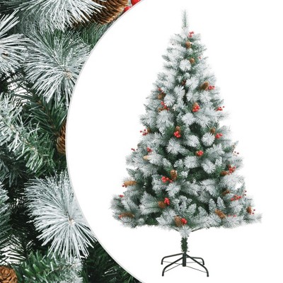 vidaXL 82.7" Artificial Hinged Christmas Tree with Cones and Berries - Economy Friendly Green and White