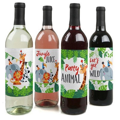 Big Dot of Happiness Jungle Party Animals - Safari Animal Birthday Party or Baby Shower Decor for Women & Men - Wine Bottle Label Stickers - Set of 4