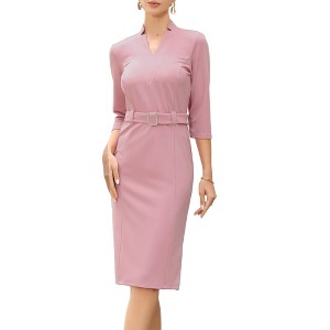 INSPIRE CHIC Women's 3/4 Sleeve V Neck Elegant Belted Formal Work Midi Dress - 1 of 4