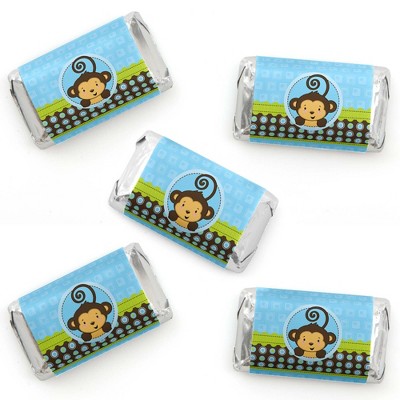 Big Dot of Happiness Blue Monkey Boy - Mini Candy Bar Wrapper Stickers - Baby Shower or Birthday Party Small Favors - 40 Count