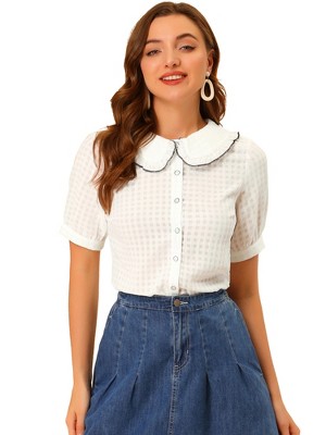 INSPIRE CHIC Women's Peter Pan Collar Contrast Color Trim Gingham Button Up Shirt