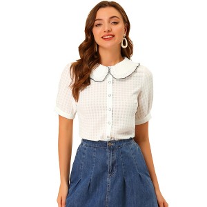 INSPIRE CHIC Women's Peter Pan Collar Contrast Color Trim Gingham Button Up Shirt - 1 of 4