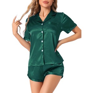cheibear Women's Button Short Sleeve Shirt and Shorts Satin 2-Piece Sleepwear Pajama Sets - 1 of 4