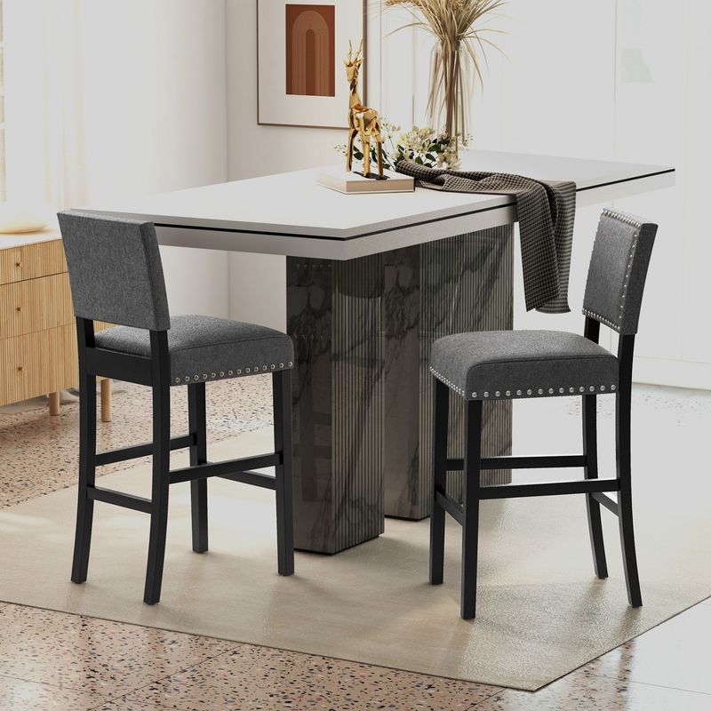 Costway Set of 2 Counter/Bar Height Chairs with Solid Rubber Wood Frame & Adjustable Foot Pads Gray & Dark Brown, 4 of 10