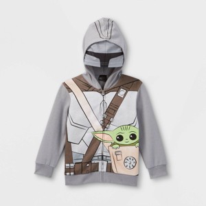 Toddler Boys' Baby Yoda Mando Knapsack Fleece Hoodie - Gray - 1 of 2
