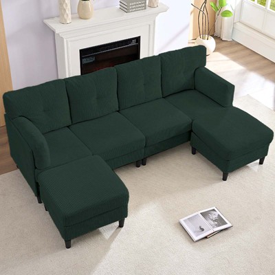 Mjkone Corduroy U-Shape Modular Convertible Sectional Sofa Couch,Upholstered 4-Seater Sofa with Movable Ottoman