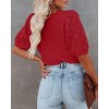 Women's Lightweight Short Sleeve Crewneck Sweaters Knit Pullover Tops with Casual Crochet Sleeve Blouse,Red - L - 3 of 3