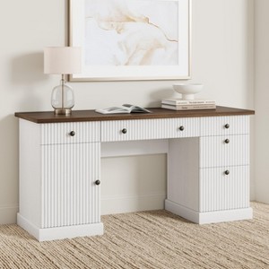 60" Fluted Home Office Desk with Storage & Charging Station, Wooden Writing Desk with File Cabinet - 1 of 4