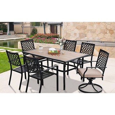 7pc Metal Patio Dining Set with Rectangular Umbrella Table & 6 Swivel Chairs - Captiva Designs