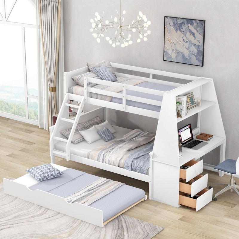 Twin over Full Bunk Bed with Trundle, Built-in Desk, Three Storage Drawers and Shelf-ModernLuxe, 3 of 10