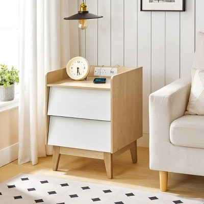 Nightstand, End Table with Charging Station, Farmhouse-Style Side Table with 2 AC Outlets and 2 USB Ports
