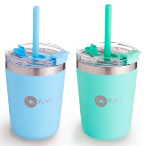 PopYum 9oz Insulated Stainless Steel Kids’ Cups with Lid and Straw, 2-Pack, Blue & Green, stackable, sippy, baby, child, toddler, tumbler - 1 of 4