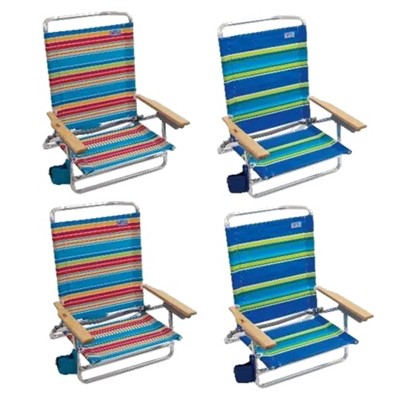 Four Seasons Courtyard 5 Position Adjustable Supportive Lounger Portable Outdoor Patio Beach Chair Set with Wooden Armrests, 4 Pack, Multicolor