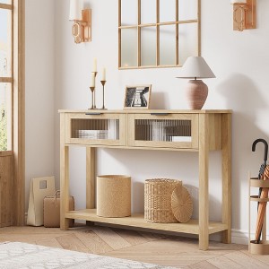 Console desk with 2 glass drawers,2-story entrance desk with storage rack,hallway and living room sofa table - 1 of 4