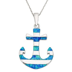 Opalata Sterling Silver Large Anchor with Blue Inlay Opal Stripes 18" Pendant Necklace - Blue - 1 of 2