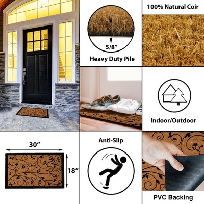 Natural Coir Outdoor Doormat with Black Leafy Vine Print