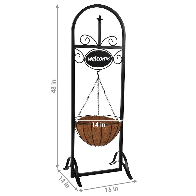 Sunnydaze Indoor/Outdoor Iron Construction Decorative Welcome Sign and Coco Grass Liner Hanging Basket Planter Stand - 48" H - Black, 3 of 10