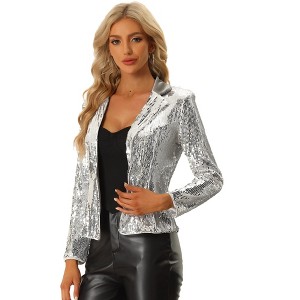 INSPIRE CHIC Women's Velvet Contrast Collar Shiny Metallic Cropped Sequin Blazers - 1 of 4