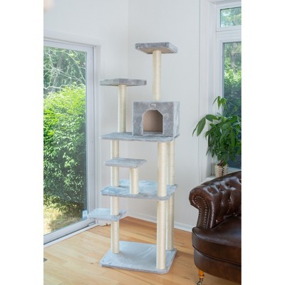 74-Inch Silver Gray Faux Fur Multi-Level Cat Tree with Sisal Posts