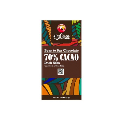 AraCacao | Bean to Bar | 70% Dark Chocolate Cacao Nibs| Gluten-Free | Kosher Certified | Free of Soy Lecithin | Made in Costa Rica | 57g