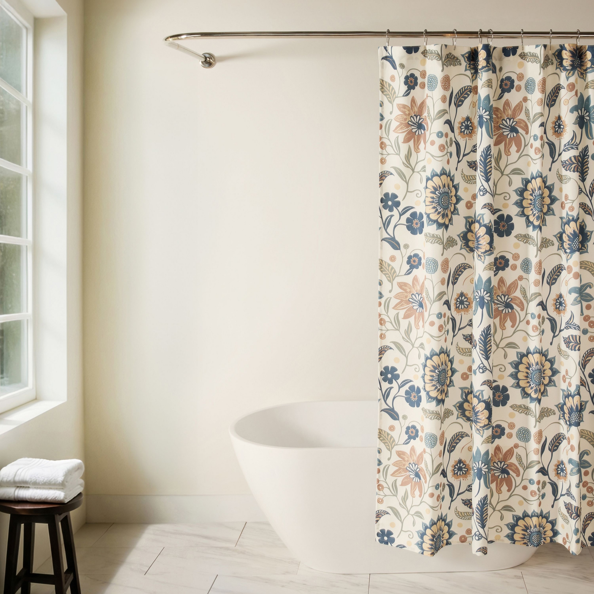 Floral Shower Curtain – 72" x 72" Polyester, Modern Painted Pattern for Bathroom Decor - Becky Cameron, Sun Floral Navy