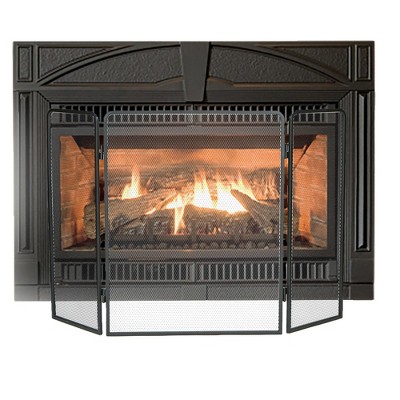 Black Metal Mesh Three-Panel Folding Fireplace Screen with Door