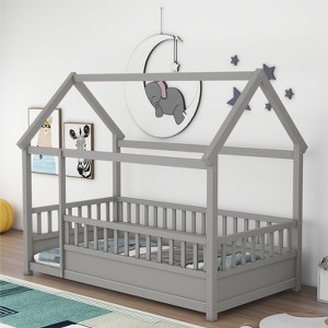 CAVINAS Twin/Full Size House-Shaped Floor Bed for Kids,Wooden Canopy Toddler Bed Frames,Floor Bed for Kids,Girls&Boys,No Box Spring Needed - 1 of 4