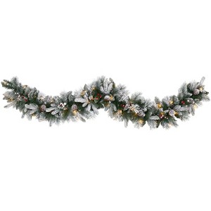 Nearly Natural 6-ft Flocked Mixed Pine Artificial Christmas Garland with 50 LED Lights, Pine Cones and Berries - 1 of 3