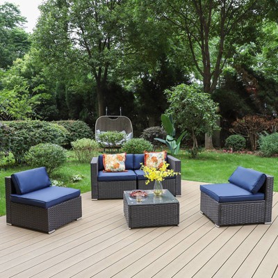5pc Patio Rattan Sofa Sectional Set - Navy - Captiva Designs