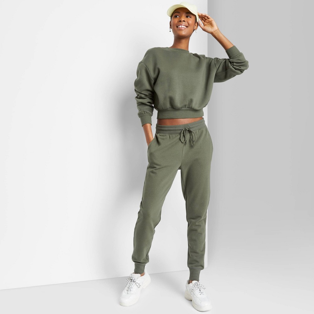 Size L Women's High-Rise Slim Fit French Terry Jogger Pants - Wild Fable Olive Green 