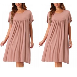 cheibear Women's Cotton Chest Pleat Design Loose Short Sleeve Cozy Nightgowns 2 Pcs - 1 of 4